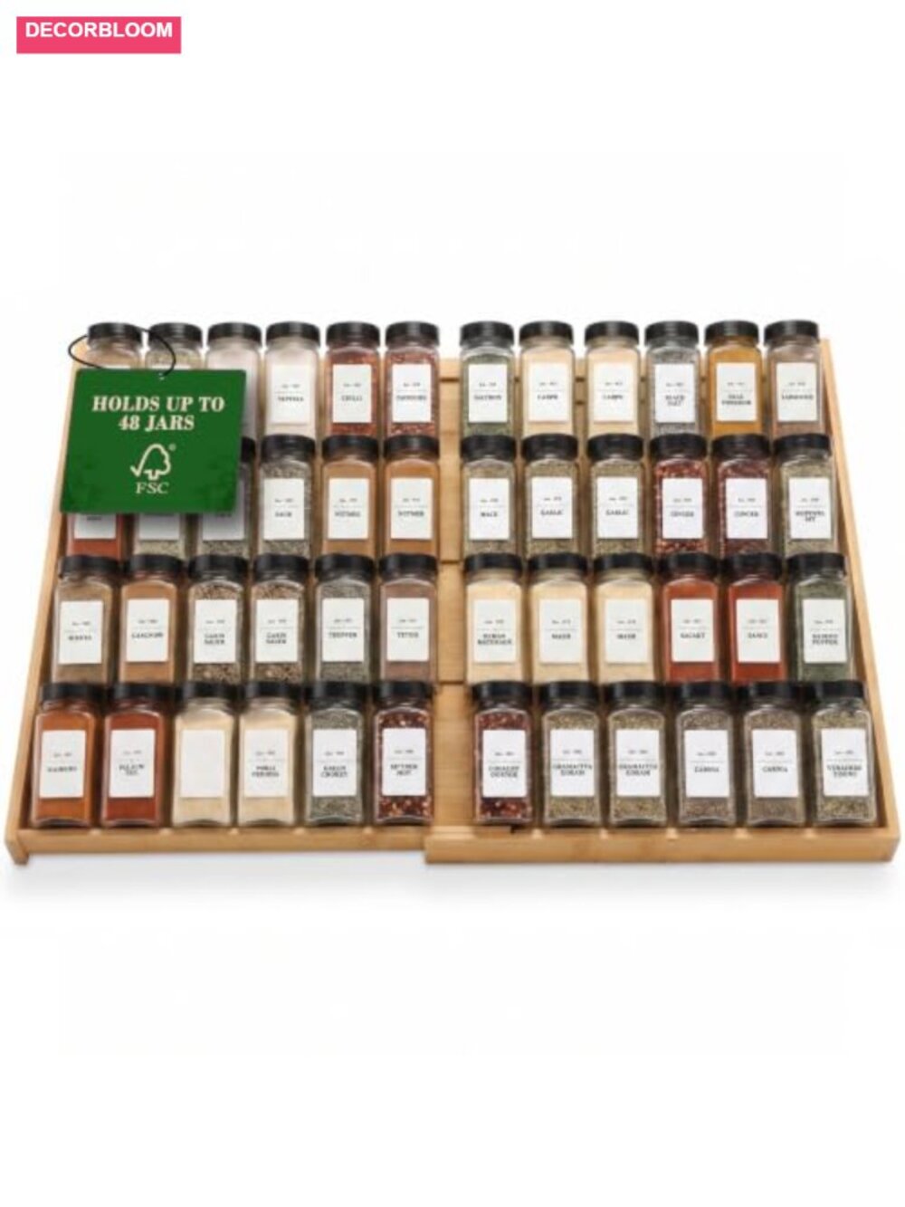 Expandable Bamboo Spice Drawer Organizer, 4 Tier Holds 48 Jars, 12 to 23 Inch